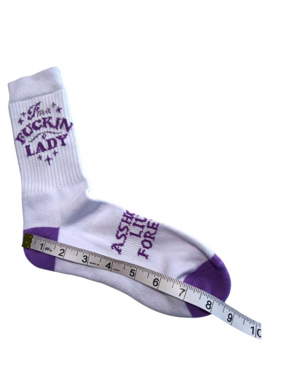 A-holes Live Forever Crew Socks White with Purple Accents Graphic Socks - Picture 3 of 5